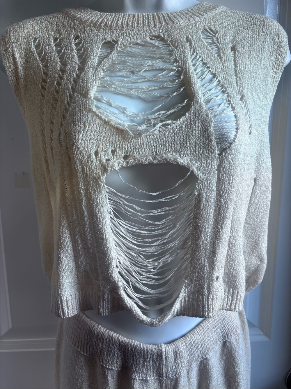 Glam Distressed Knit Two-Piece Set in Ivory